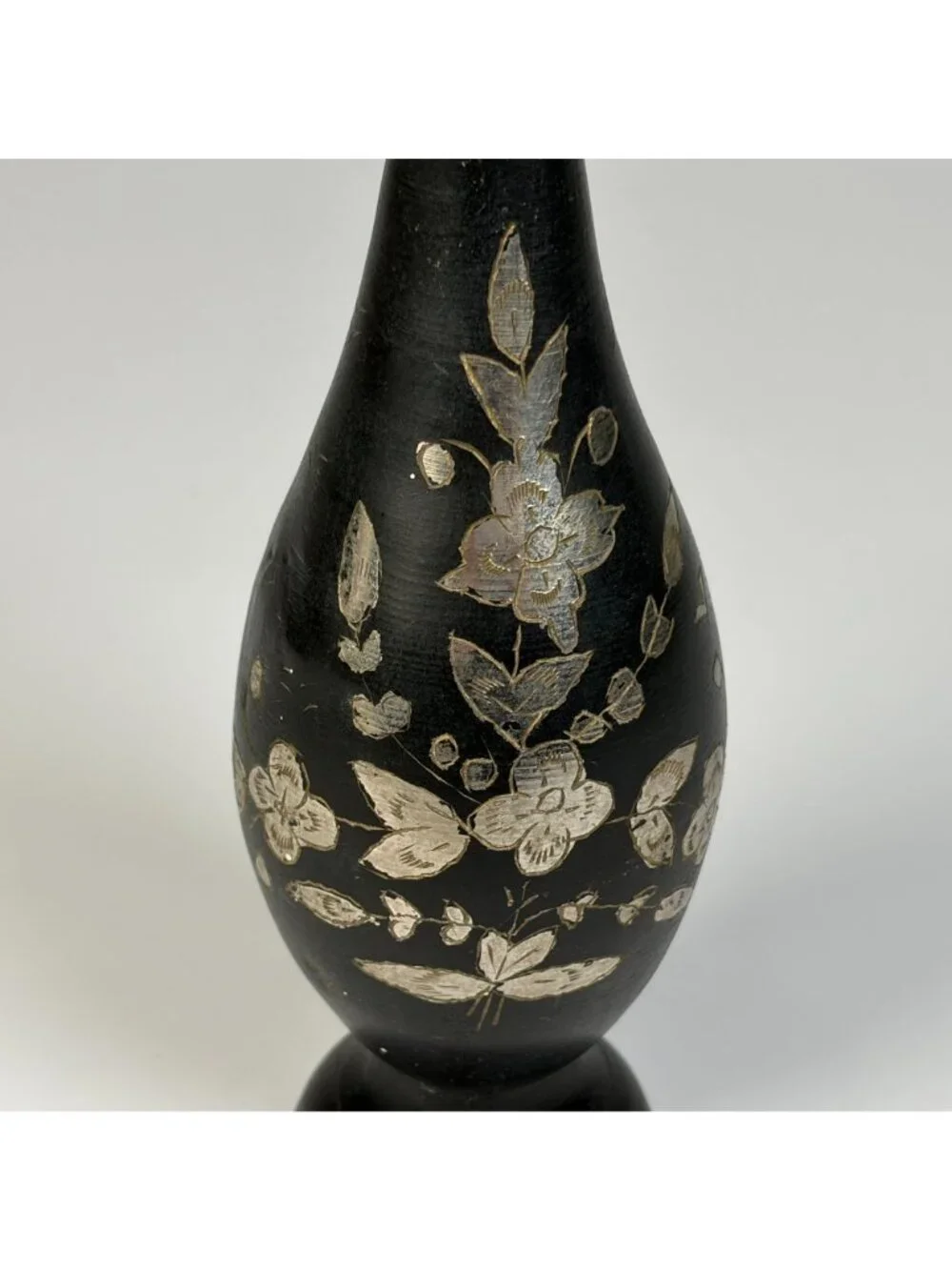 Vintage Black Metal Pitcher Vase Floral Engraving Thin Handle Decorative Piece